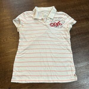 Vintage Y2K Aeropostale White and Pink Striped Polo Shirt Womens XL
